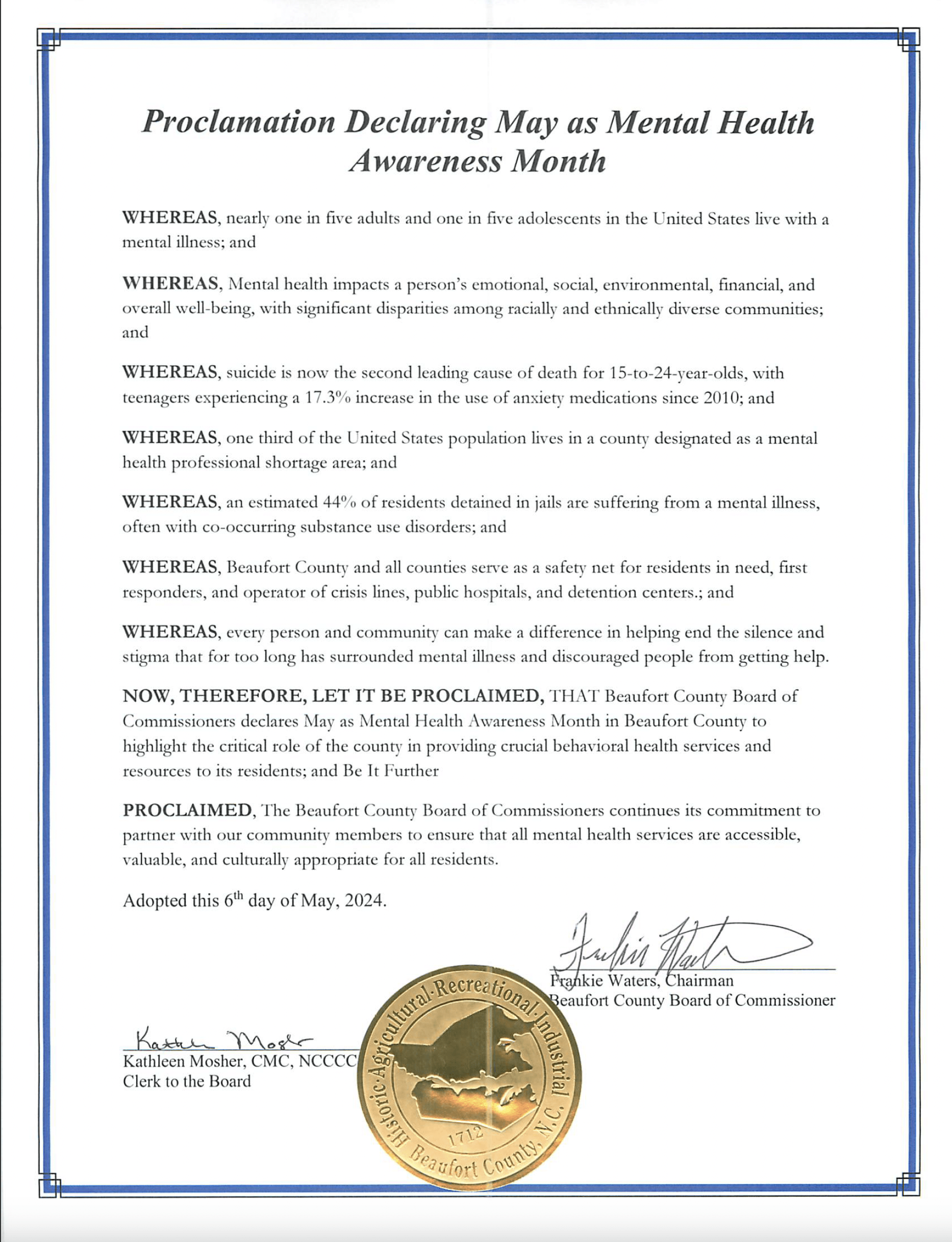 Copy of a proclamation declaring May as Mental Health Awareness Month in Beaufort County